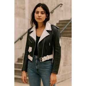 Vintage UNIK Leather Fringe Biker Jacket Black White Belted Cropped X-Large